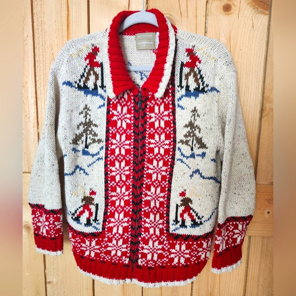 Vintage Liz Claiborne Hand Knitted Zip Up Cardigan Sweater Medium